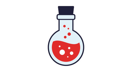 Round bottom flask with red liquid bubbling upward and cork stopper for potion and alchemy concept