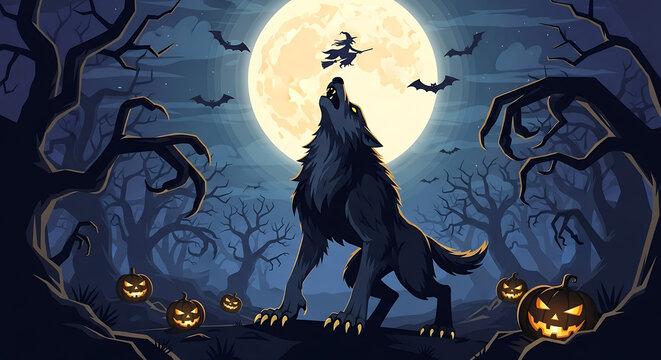A terrifying werewolf howls at the full moon in a haunted forest on a festive Halloween night