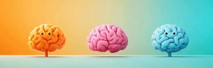 Colorful Cartoon Brains on Background with Gradient and Smiling Faces