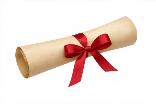 Rolled paper scroll diploma with red ribbon bow