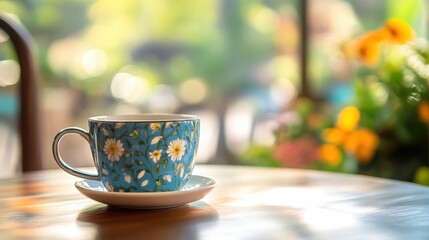 Fototapeta premium Beautiful Floral Coffee Cup on Wooden Table with Nature Background