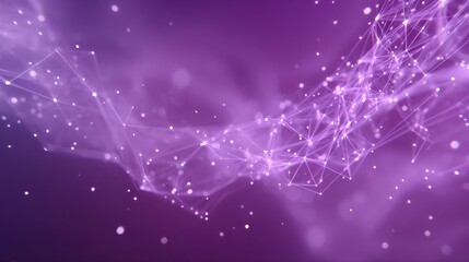 Glowing nodes and connections create a vibrant neural network on a smooth purple gradient. Soft particles enhance the tech-inspired design with dynamic light flow.