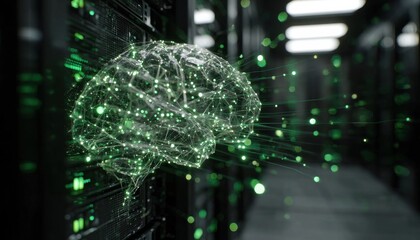 An intricate AI brain emerges from data cubes, illuminated by green light. Glowing neural paths connect it to a local server rack within a sophisticated tech setting.