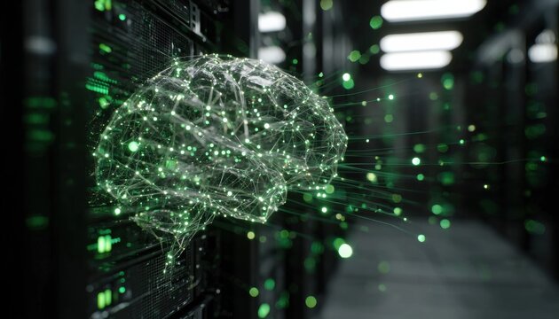An intricate AI brain emerges from data cubes, illuminated by green light. Glowing neural paths connect it to a local server rack within a sophisticated tech setting.
