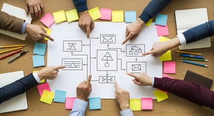 Team Collaborating on Business Flowchart, Top View