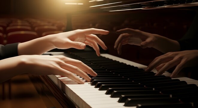 Close-up of pianist’s hands playing piano keys, expressing emotion, movement, and musical artistry through touch