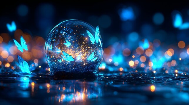 Glowing molecular particles with science labels on dark abstract background