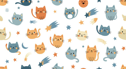 Fototapeta premium A whimsical pattern of cute cats and shooting stars on a white background.