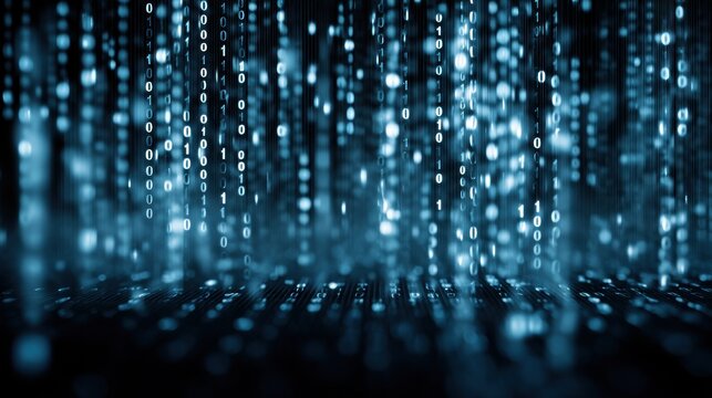 Abstract representation of flowing binary code and digital data streams creates a futuristic atmosphere. This tech backdrop showcases advanced data communication.
