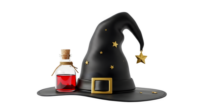 Witch's hat and potion 3d rendered isolated png transparent background