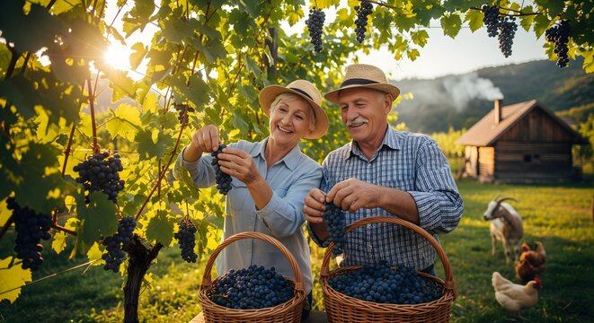 Happy Senior Couple Harvesting Grapes in Sunny Vineyard