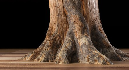 Obraz premium Abstract view of a tree trunks base, showing detailed bark and wood texture, with textured wooden surface