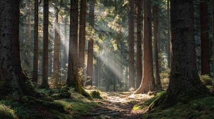 Obraz premium Sunlight streaking through forest trees