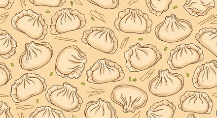 A delightful pattern featuring an assortment of savory dumplings and chopsticks. This design evokes the essence of Asian cuisine and culinary traditions.