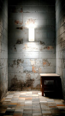 Small Wooden Bench Under Lone Light in Dark, Grungy Concrete Room