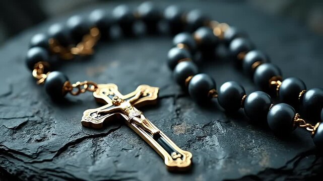 Detailed view of a rosary featuring black beads and a gold crucifix on stone