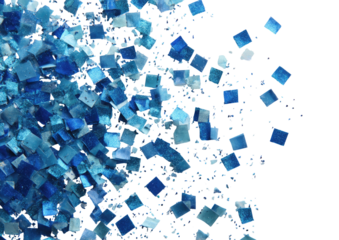 Abstract explosion of small, square, blue shapes