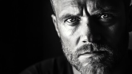 Intense Close-Up Portrait of a Serious Man with Beard and Blue Eyes