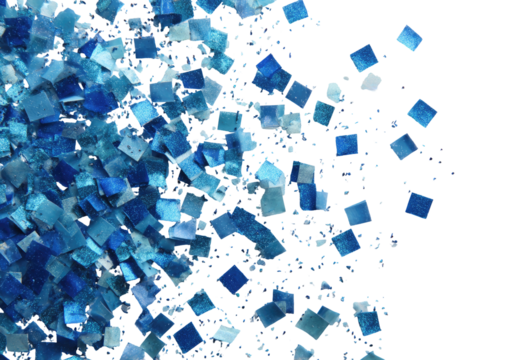 Abstract explosion of small, square, blue shapes - Powered by Adobe