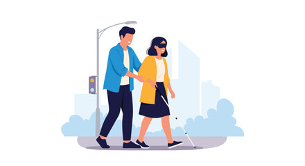 Obraz premium A man helps a visually impaired woman walk down the street.