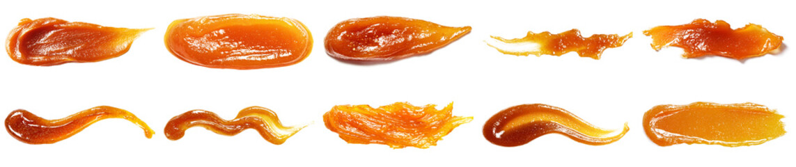 This image features various textures of apricot jam spread on a clean white background, showcasing the vibrant colors and smooth consistency ideal for culinary use.