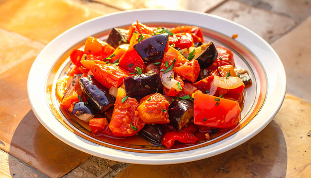 A plate of Spanish escalivada with roasted peppers, eggplant, and onions