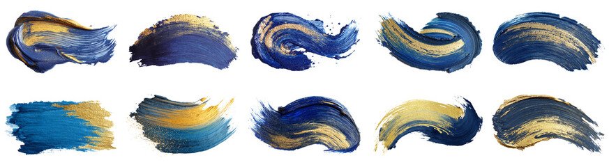 Explore a stunning collection of deep blue and gold watercolor splashes, perfect for adding artistic flair and elegance to your design projects.