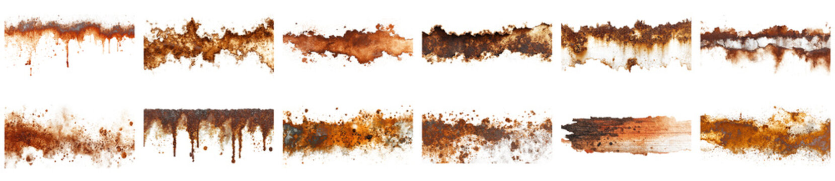 This image showcases various rust stains on a clean white background. The textures and colors create an abstract visual suitable for artistic designs and backgrounds.