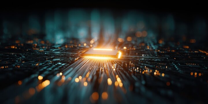 Glowing computer hardware illuminates a minimalist office background, representing the concept of information discovery with striking orange and teal colors.