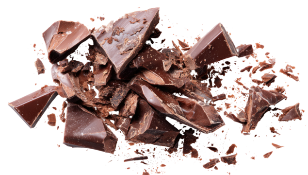 Broken dark chocolate pieces scattered (2)