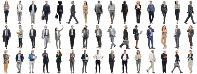 Set of business people in various actions on isolated background. Businesspeople, businesswomen, businessmen office worker in full body length studio professional shot in casual and formal wear