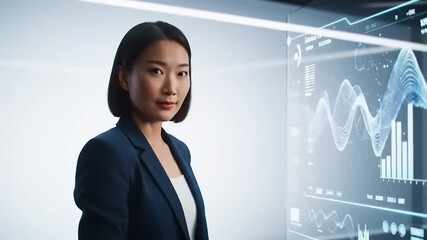 Professional Asian businesswoman interacting with futuristic transparent screen displaying advanced data visualization and business analytics in a modern high-tech office environment - Powered by Adobe