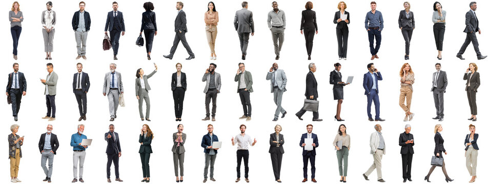 Set of business people in various actions on isolated background. Businesspeople, businesswomen, businessmen office worker in full body length studio professional shot in casual and formal wear - Powered by Adobe