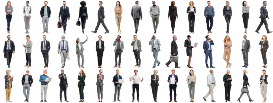 Set of business people in various actions on isolated background. Businesspeople, businesswomen, businessmen office worker in full body length studio professional shot in casual and formal wear