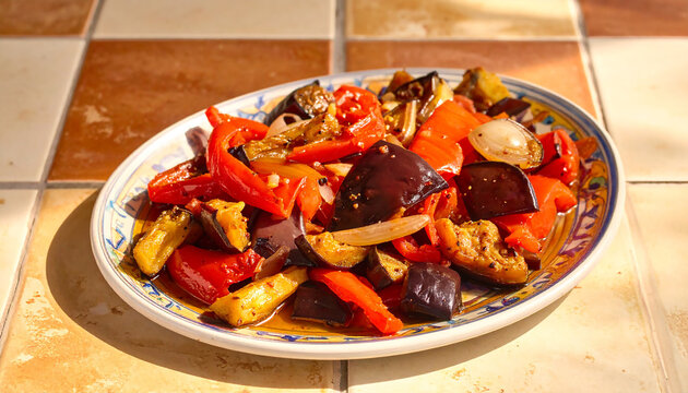 A plate of Spanish escalivada with roasted peppers, eggplant, and onions