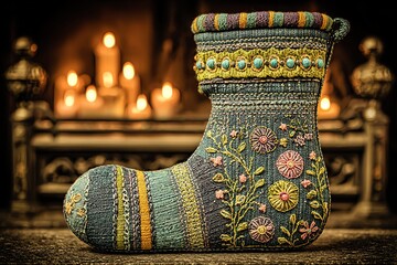A beautifully crafted knitted stocking adorned with colorful floral patterns, set against a warm candlelit backdrop.