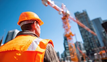 Construction worker wearing safety gear observing a building site with cranes and skyscrapers