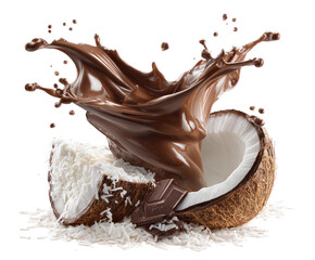 Chocolate-covered coconut halves in a dramatic splash