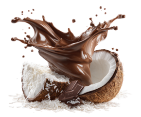 Chocolate-covered coconut halves in a dramatic splash