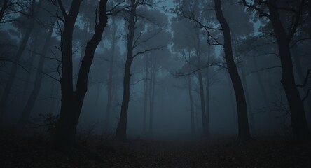 Obraz premium Dark and mysterious forest scene with atmospheric fog and silhouettes