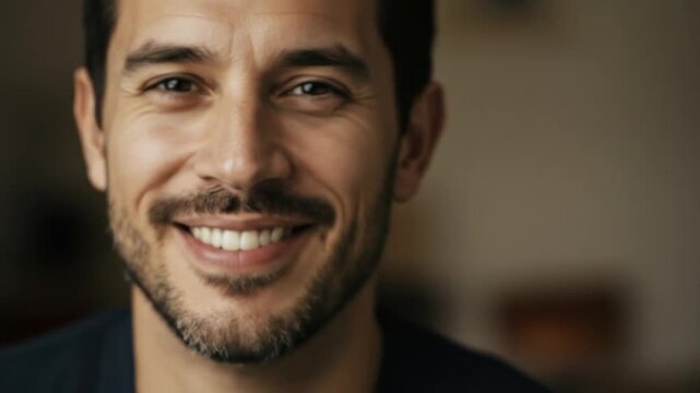 A closeup shot of a smiling mans face with focus on his eyes and mouth