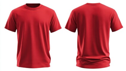 A plain red t-shirt is displayed from the front and back, on a white studio .