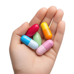 Colorful Capsules and Pills in a Hand with Various Shapes and Sizes for Health and Wellness Concepts