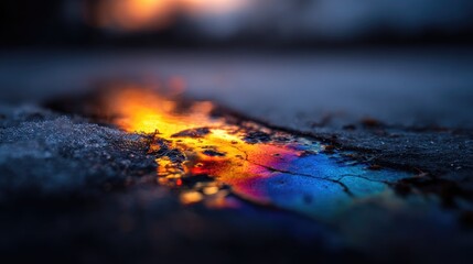 Colorful puddle reflecting light on a dark surface.