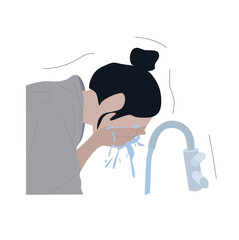 woman washing face. standing washing her face with water in morning skincare treatment