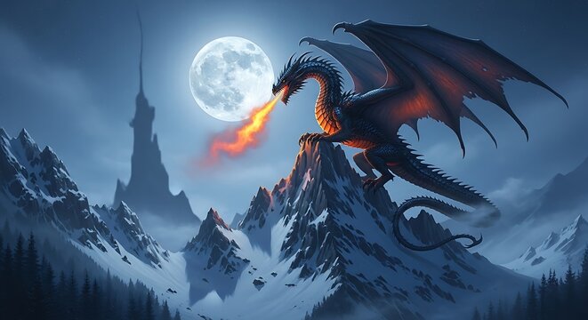 Majestic Fire Breathing Dragon on a Snowy Mountain Peak.