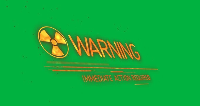 Animation of warning text and nuclear symbol on transparent background