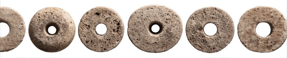 A row of ancient, weathered, circular stone artifacts with central holes, showcasing archaeological relics.
