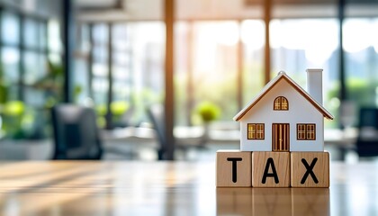 A miniature house model sits atop wooden blocks spelling out the word "TAX" on a table.