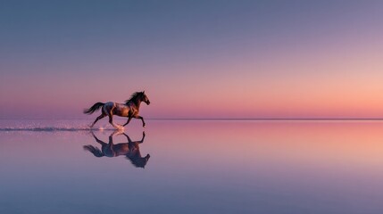 A powerful horse races across a calm ocean surface, splashing water as it runs. The distant horizon meets a serene sky, emphasizing the horses strength amidst stillness.